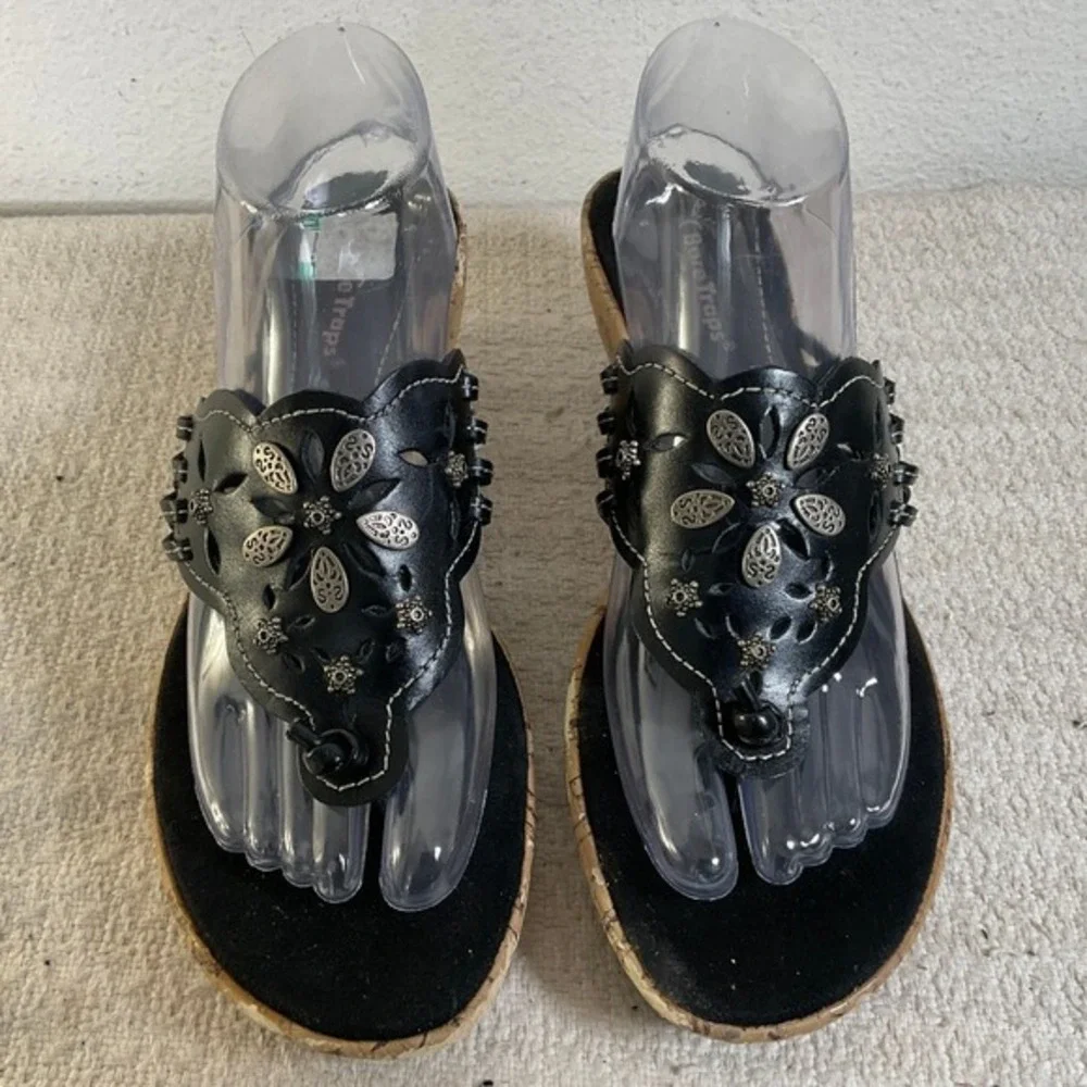BareTraps Italicize Black Leather Floral Cutout Cork Wedge‎ Sandals Womens 10M